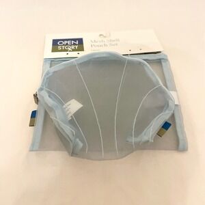 Open Story Light Blue Mesh Shell Pouch Set 2pc Travel Toiletry Makeup Bags NEW
